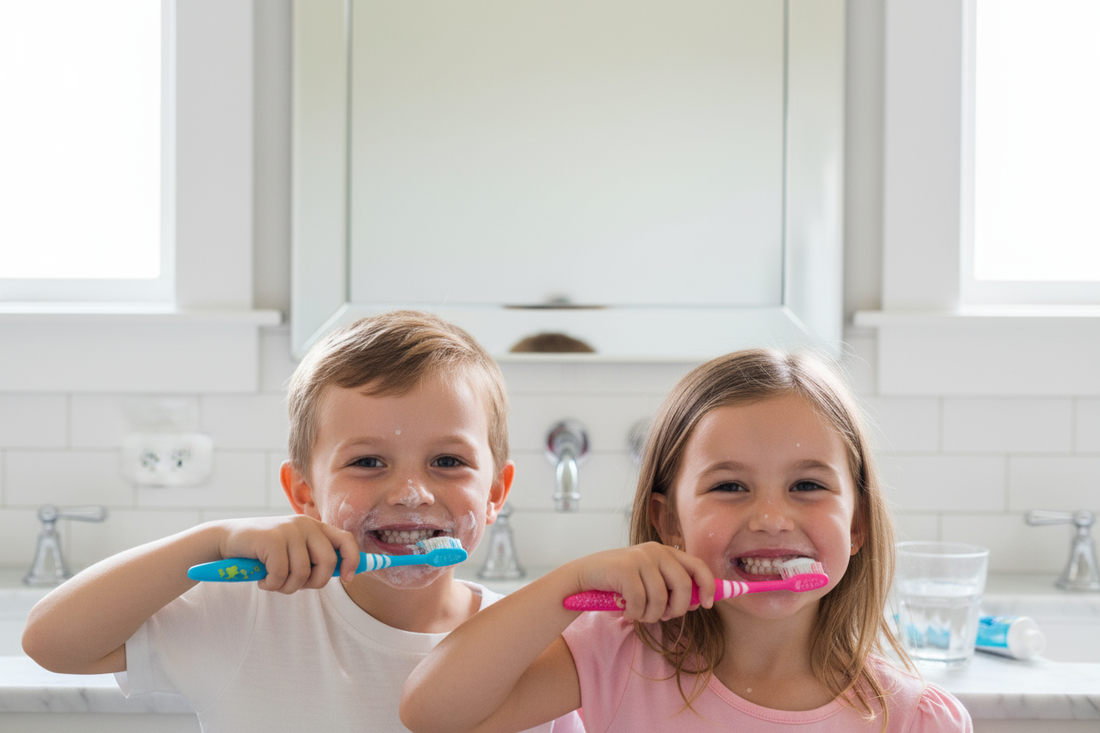 Close up of two children brushing their teeth